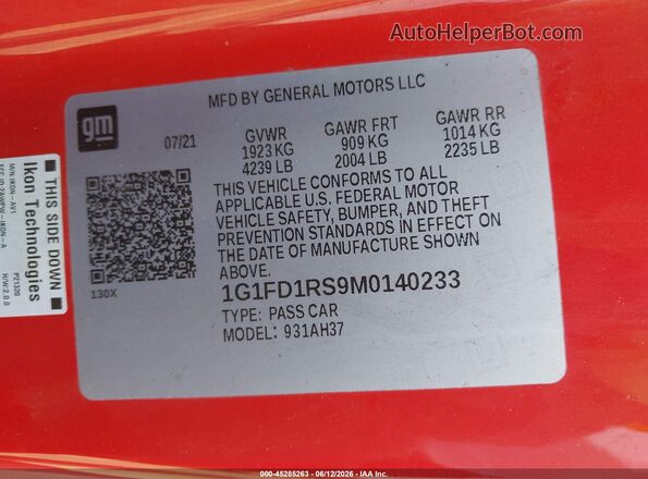 1G1FD1RS9M0140233 2021 CHEVROLET CAMARO Red Вид підкапотного простору