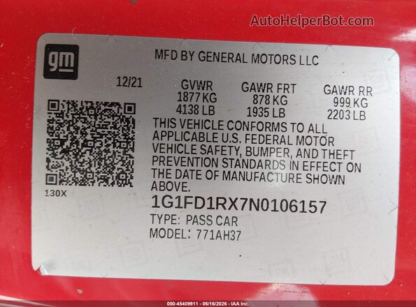 1G1FD1RX7N0106157 2022 CHEVROLET CAMARO Red 