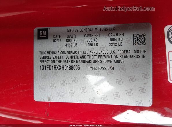 1G1FD1RXXH0188096 2017 CHEVROLET CAMARO Red Вид підкапотного простору