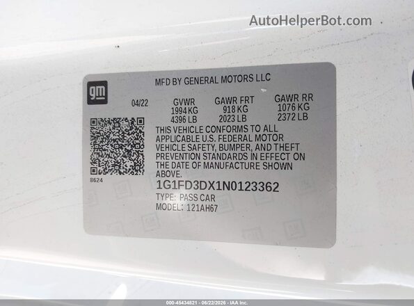 1G1FD3DX1N0123362 2022 CHEVROLET CAMARO White ძრავის განყოფილების ხედი