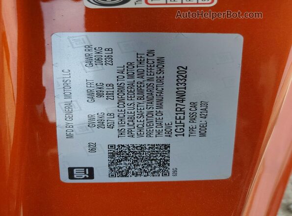 1G1FE1R74N0133202 2022 CHEVROLET CAMARO Orange Շարժիչի բաժամունքի տեսք