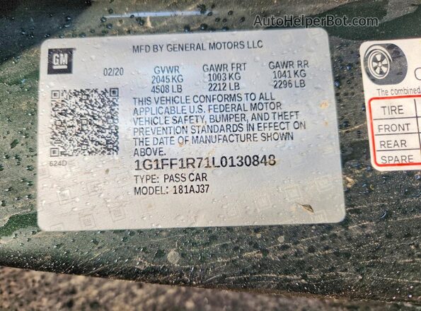 1G1FF1R71L0130848 2020 CHEVROLET CAMARO Зеленый Вид наклейки с VIN-кодом