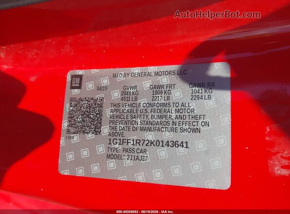 1G1FF1R72K0143641 2019 CHEVROLET CAMARO Red Շարժիչի բաժամունքի տեսք