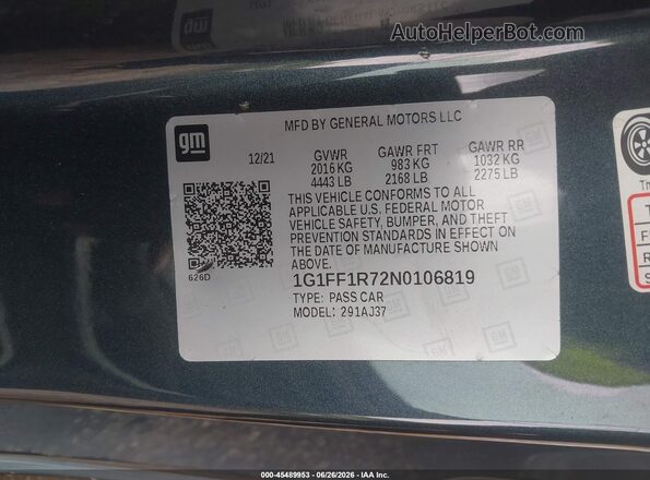 1G1FF1R72N0106819 2022 CHEVROLET CAMARO Gray Widok komory silnika