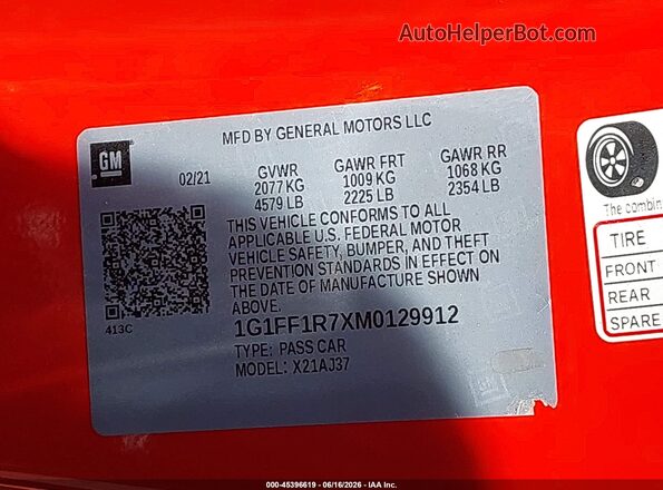 1G1FF1R7XM0129912 2021 CHEVROLET CAMARO Orange Vista del compartimento del motor