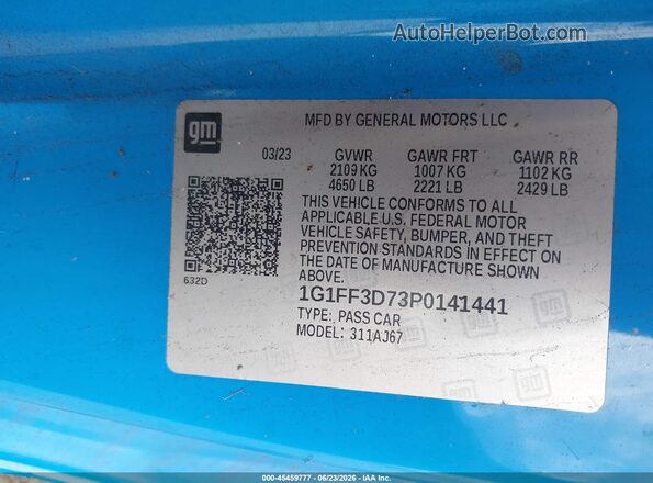 1G1FF3D73P0141441 2023 CHEVROLET CAMARO Blue Vista del compartimento del motor