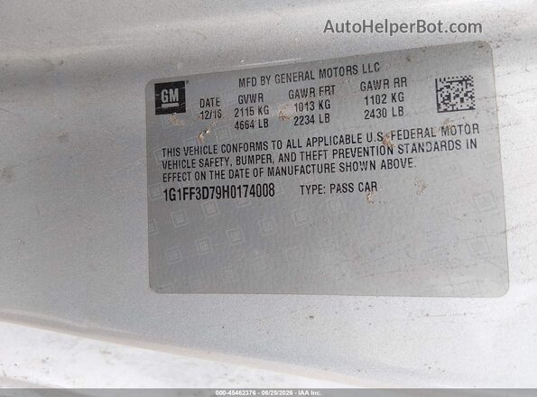 1G1FF3D79H0174008 2017 CHEVROLET CAMARO Серебряный Вид подкапотного пространства