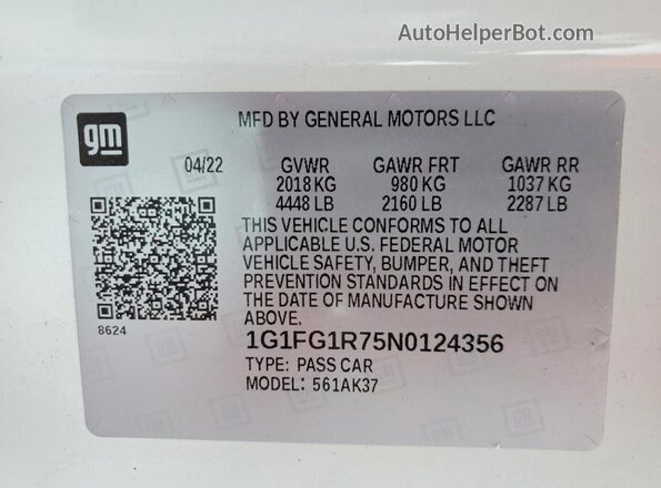 1G1FG1R75N0124356 2022 CHEVROLET CAMARO White Вид наклейки з VIN-кодом