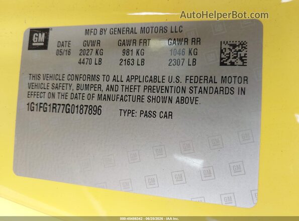 1G1FG1R77G0187896 2016 CHEVROLET CAMARO Yellow ძრავის განყოფილების ხედი