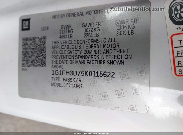 1G1FH3D75K0115622 2019 CHEVROLET CAMARO White Vista del compartimento del motor