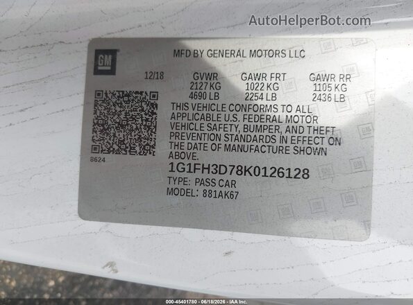 1G1FH3D78K0126128 2019 CHEVROLET CAMARO Белый Вид подкапотного пространства