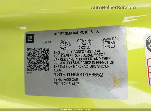1G1FJ1R69K0156652 2019 CHEVROLET CAMARO Green Вид підкапотного простору