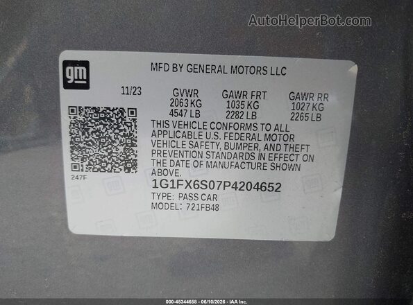 1G1FX6S07P4204652 2023 CHEVROLET BOLT Gray Вид підкапотного простору