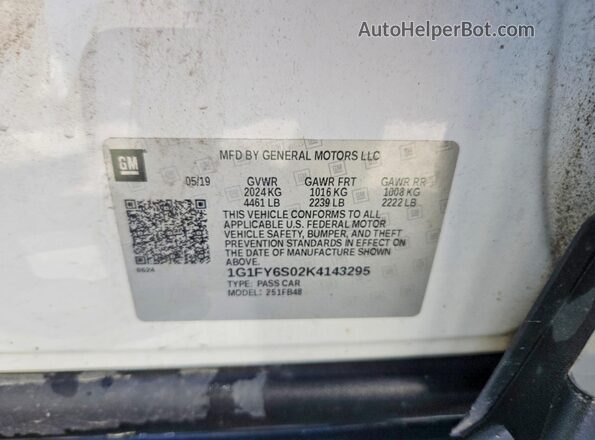 1G1FY6S02K4143295 2019 CHEVROLET BOLT White Widok naklejki z numerem VIN