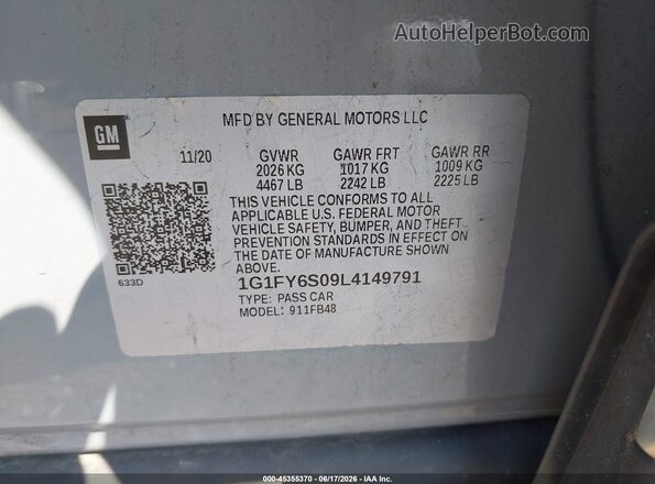 1G1FY6S09L4149791 2020 CHEVROLET BOLT Gray Engine compartment view