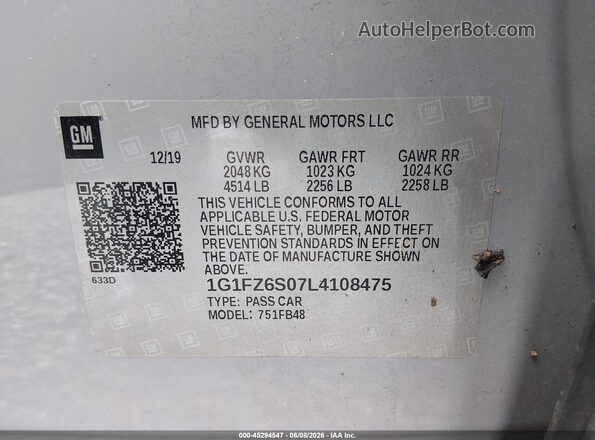1G1FZ6S07L4108475 2020 CHEVROLET BOLT Gray 