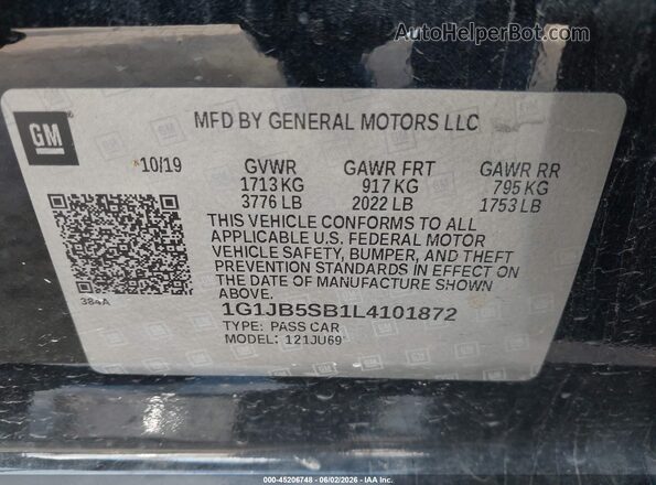 1G1JB5SB1L4101872 2020 CHEVROLET SONIC Black Vista del compartimento del motor