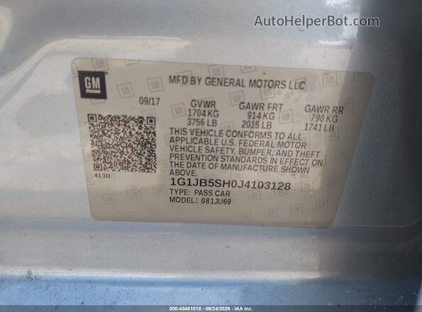1G1JB5SH0J4103128 2018 CHEVROLET SONIC Blue Вид підкапотного простору