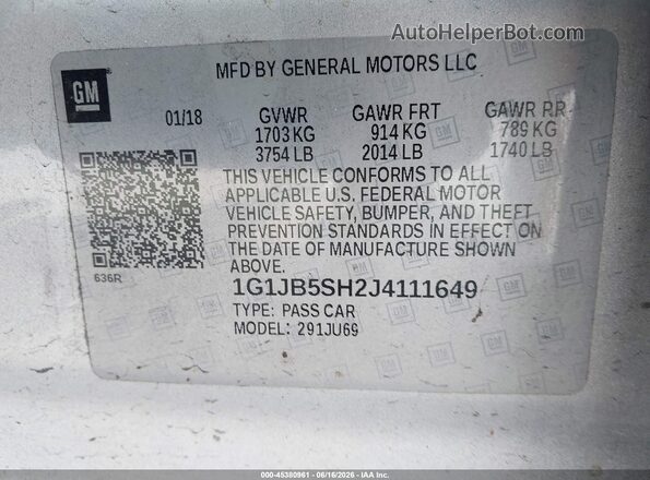 1G1JB5SH2J4111649 2018 CHEVROLET SONIC Silver ძრავის განყოფილების ხედი