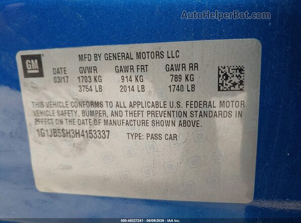 1G1JB5SH3H4153337 2017 CHEVROLET SONIC Blue Շարժիչի բաժամունքի տեսք