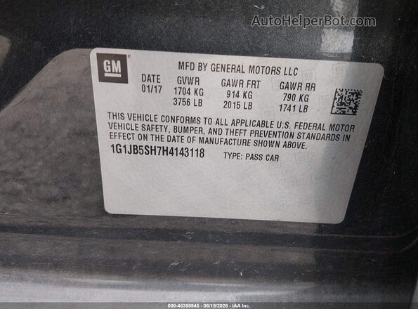 1G1JB5SH7H4143118 2017 CHEVROLET SONIC Black Engine compartment view