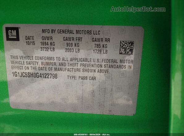 1G1JC5SH0G4122798 2016 CHEVROLET SONIC Зеленый Вид подкапотного пространства