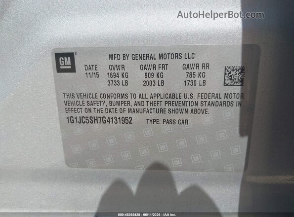 1G1JC5SH7G4131952 2016 CHEVROLET SONIC Silver Vista del compartimento del motor