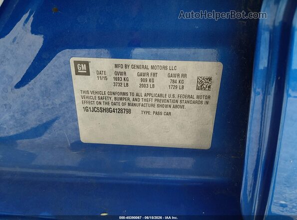 1G1JC5SH8G4128798 2016 CHEVROLET SONIC Blue 