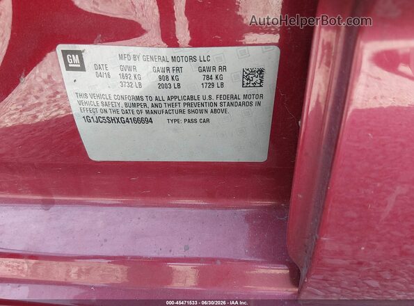 1G1JC5SHXG4166694 2016 CHEVROLET SONIC Red Engine compartment view