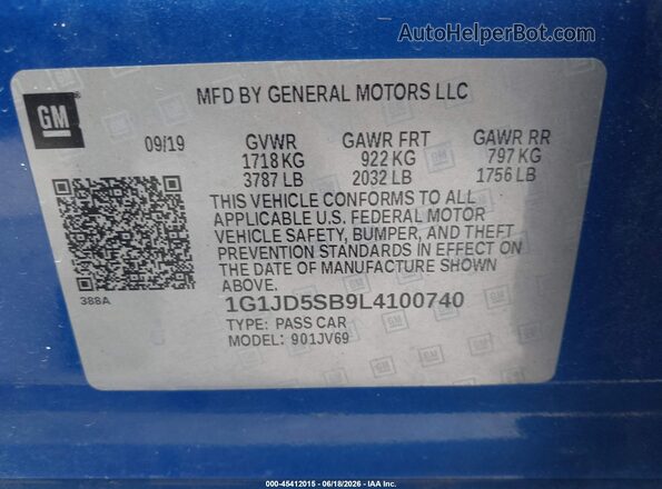 1G1JD5SB9L4100740 2020 CHEVROLET SONIC Синий Вид подкапотного пространства