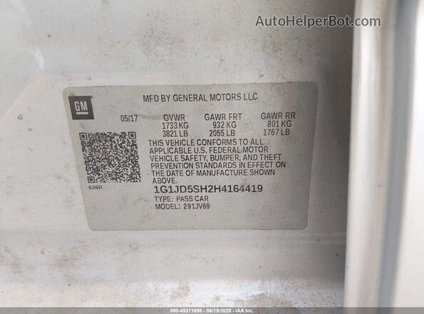 1G1JD5SH2H4164419 2017 CHEVROLET SONIC Silver ძრავის განყოფილების ხედი