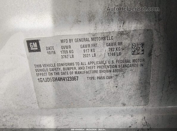 1G1JD5SH4H4123967 2017 CHEVROLET SONIC Silver Շարժիչի բաժամունքի տեսք