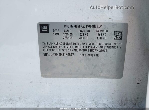1G1JD5SH4H4130577 2017 CHEVROLET SONIC White Vista del compartimento del motor