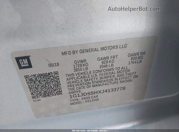 1G1JD5SHXJ4133778 2018 CHEVROLET SONIC Silver Widok komory silnika