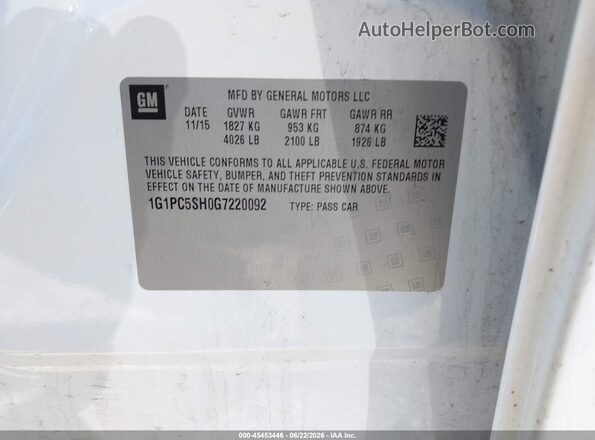1G1PC5SH0G7220092 2016 CHEVROLET CRUZE White Vista del compartimento del motor