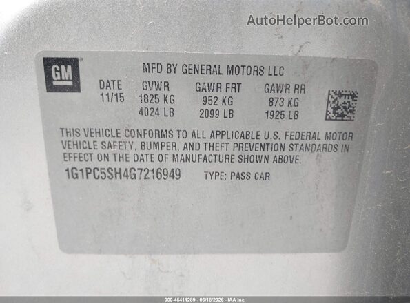 1G1PC5SH4G7216949 2016 CHEVROLET CRUZE Silver 