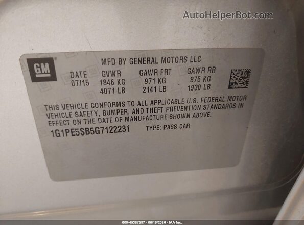 1G1PE5SB5G7122231 2016 CHEVROLET CRUZE Silver Vista del compartimento del motor