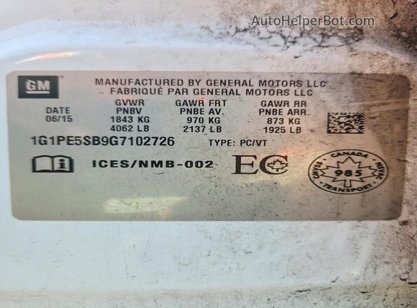 1G1PE5SB9G7102726 2016 CHEVROLET CRUZE White 