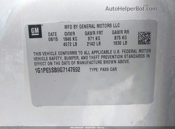 1G1PE5SB9G7147892 2016 CHEVROLET CRUZE Серебряный Вид подкапотного пространства