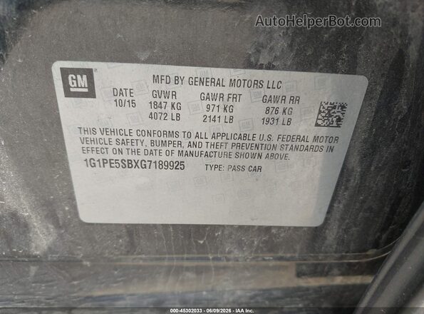 1G1PE5SBXG7189925 2016 CHEVROLET CRUZE Gray ძრავის განყოფილების ხედი