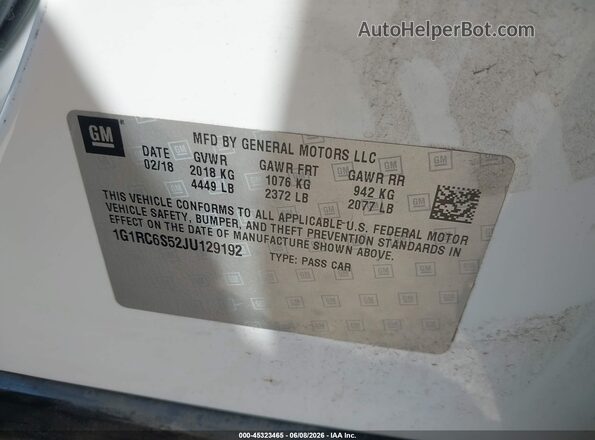 1G1RC6S52JU129192 2018 CHEVROLET VOLT White ძრავის განყოფილების ხედი