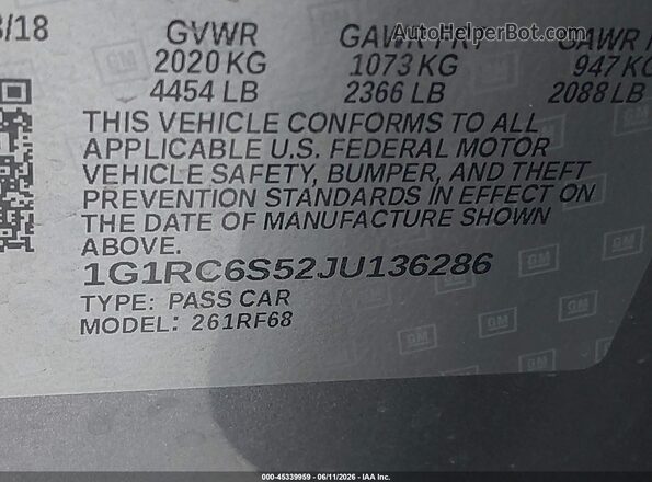 1G1RC6S52JU136286 2018 CHEVROLET VOLT Gray Vista del compartimento del motor
