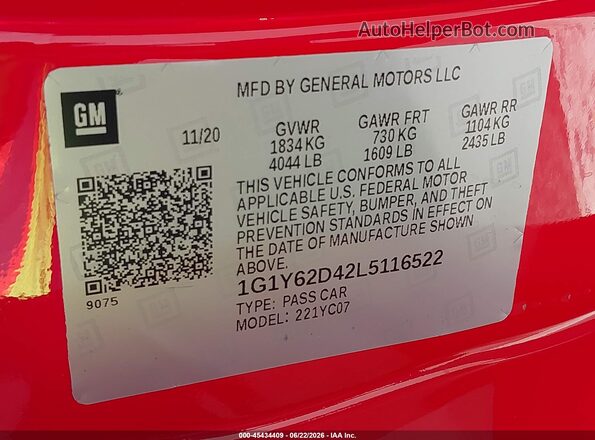 1G1Y62D42L5116522 2020 CHEVROLET CORVETTE Red Вид підкапотного простору
