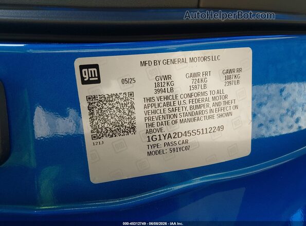 1G1YA2D45S5112249 2025 CHEVROLET CORVETTE Blue Engine compartment view