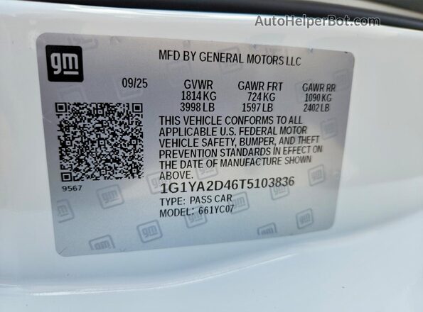 1G1YA2D46T5103836 2026 CHEVROLET CORVETTE White Widok naklejki z numerem VIN