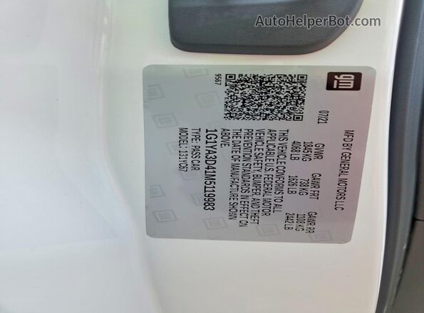 1G1YA3D41M5119983 2021 CHEVROLET CORVETTE White Вид наклейки з VIN-кодом