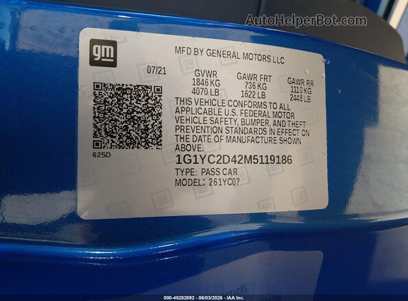 1G1YC2D42M5119186 2021 CHEVROLET CORVETTE Blue 