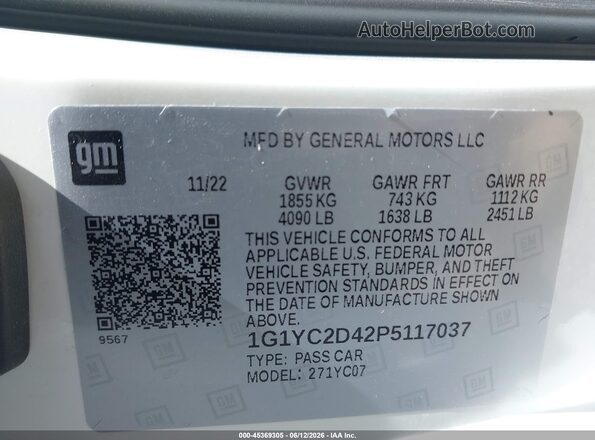 1G1YC2D42P5117037 2023 CHEVROLET CORVETTE White Widok komory silnika