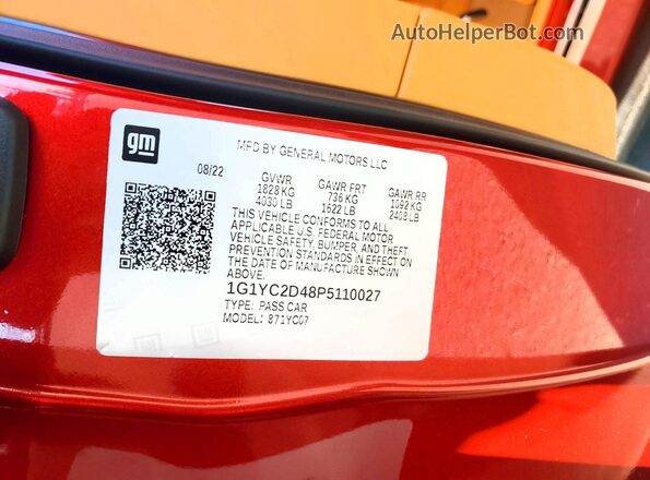 1G1YC2D48P5110027 2023 CHEVROLET CORVETTE Red VIN კოდის სტიკერის ხედი