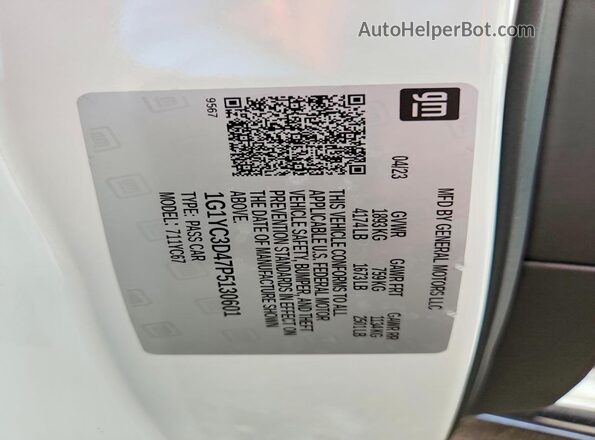 1G1YC3D47P5130601 2023 CHEVROLET CORVETTE Белый Вид наклейки с VIN-кодом
